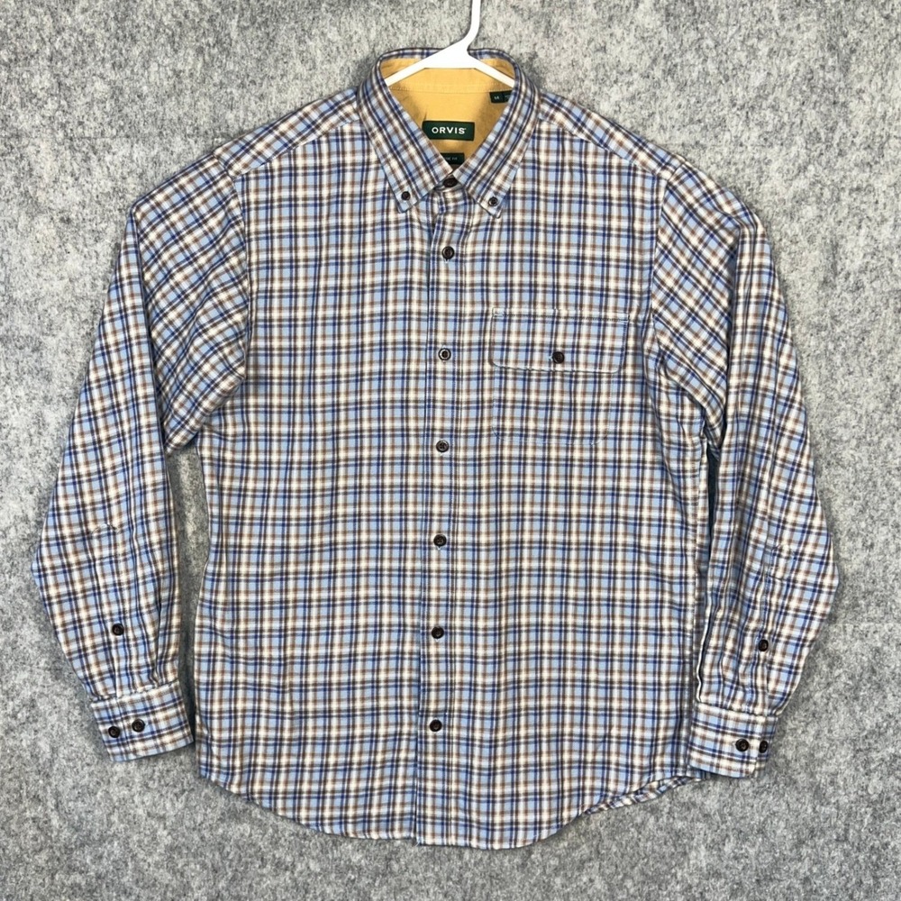 Orvis Men's Classic Fit Plaid Button Down Shirt Blue Brown Cotton Size Medium